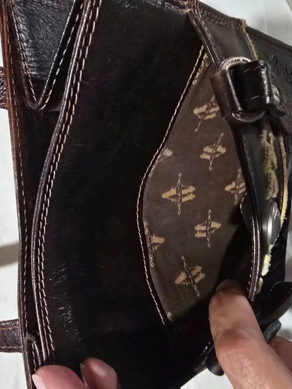 American West Brown Tooled Leather Shoulder Bag Vintage Buffalo Nickel Accent
